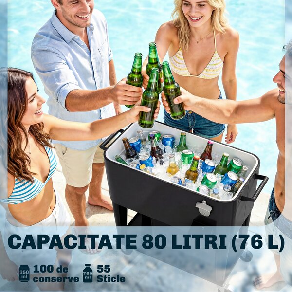 Outsunny Cărucior Frigider 76L cu raft, Deschizător de sticle și Colector de capace, din Plastic și Oțel, 91x39x84.5 cm, Negru | Aosom Romania
