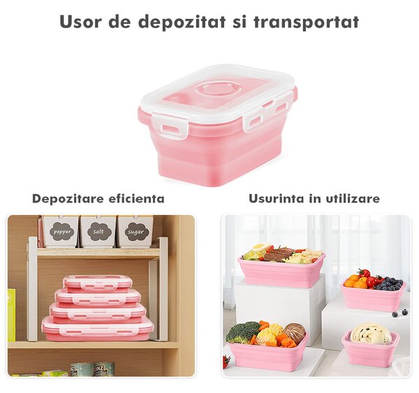 Set 4 caserole pliabile extensibile dreptunghiulare onuvio® din silicon alimentar cu capac - 350 ml, 500 ml, 800 ml, 1200 ml, rezistente de la -40 la 200°c, pentru păstrat, Încălzit și transpor