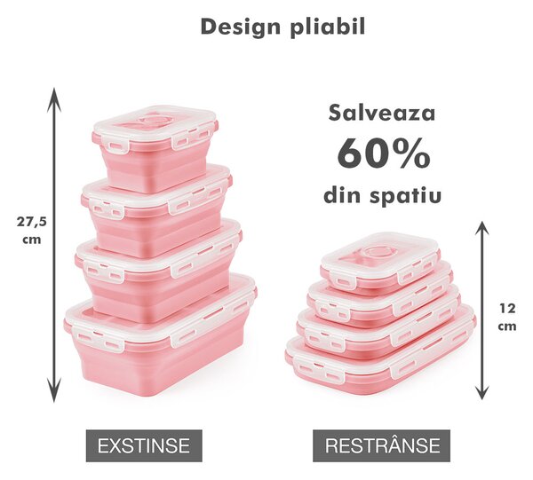 Set 4 caserole pliabile extensibile dreptunghiulare onuvio® din silicon alimentar cu capac - 350 ml, 500 ml, 800 ml, 1200 ml, rezistente de la -40 la 200°c, pentru păstrat, Încălzit și transpor