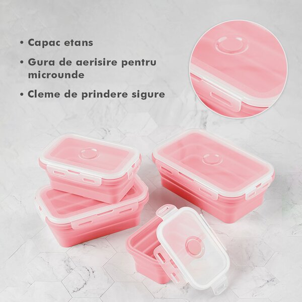 Set 4 caserole pliabile extensibile dreptunghiulare onuvio® din silicon alimentar cu capac - 350 ml, 500 ml, 800 ml, 1200 ml, rezistente de la -40 la 200°c, pentru păstrat, Încălzit și transpor
