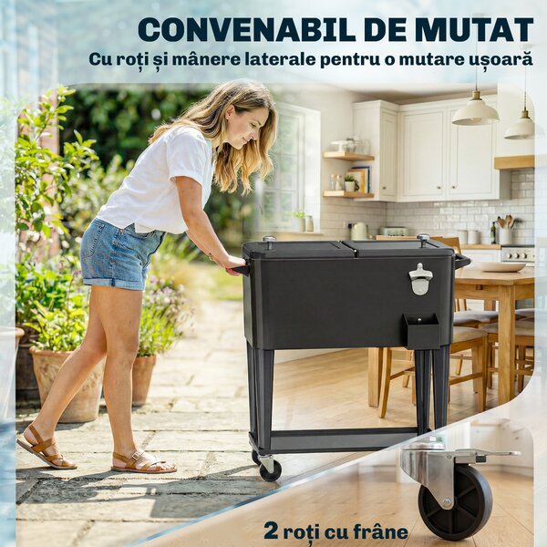 Outsunny Cărucior Frigider 76L cu raft, Deschizător de sticle și Colector de capace, din Plastic și Oțel, 91x39x84.5 cm, Negru | Aosom Romania