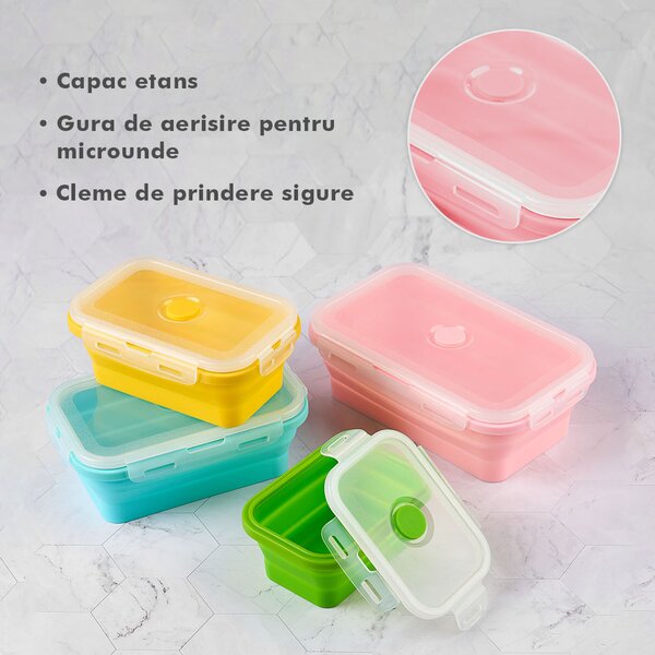 Set 4 caserole pliabile extensibile dreptunghiulare onuvio® din silicon alimentar cu capac - 350 ml, 500 ml, 800 ml, 1200 ml, rezistente de la -40 la 200°c, pentru păstrat, Încălzit și transpor