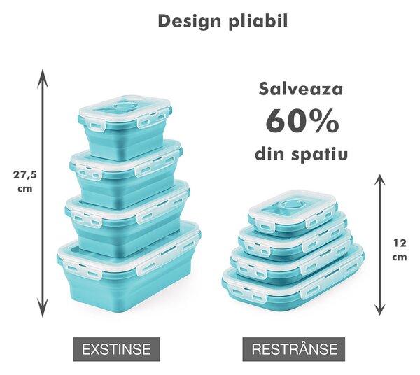 Set 4 caserole pliabile extensibile dreptunghiulare onuvio® din silicon alimentar cu capac - 350 ml, 500 ml, 800 ml, 1200 ml, rezistente de la -40 la 200°c, pentru păstrat, Încălzit și transpor