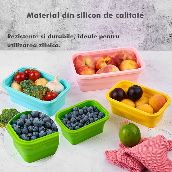 Set 4 caserole pliabile extensibile dreptunghiulare onuvio® din silicon alimentar cu capac - 350 ml, 500 ml, 800 ml, 1200 ml, rezistente de la -40 la 200°c, pentru păstrat, Încălzit și transpor