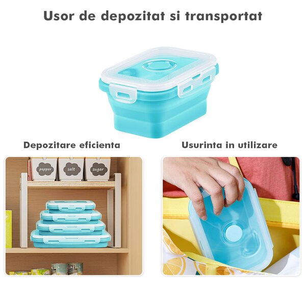 Set 4 caserole pliabile extensibile dreptunghiulare onuvio® din silicon alimentar cu capac - 350 ml, 500 ml, 800 ml, 1200 ml, rezistente de la -40 la 200°c, pentru păstrat, Încălzit și transpor