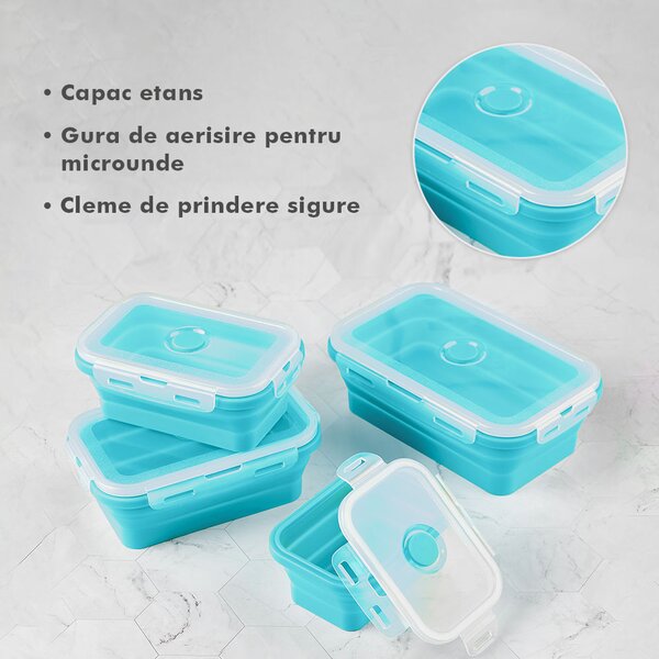 Set 4 caserole pliabile extensibile dreptunghiulare onuvio® din silicon alimentar cu capac - 350 ml, 500 ml, 800 ml, 1200 ml, rezistente de la -40 la 200°c, pentru păstrat, Încălzit și transpor