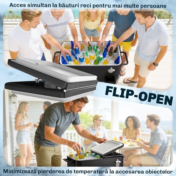 Outsunny Cărucior Frigider 76L cu raft, Deschizător de sticle și Colector de capace, din Plastic și Oțel, 91x39x84.5 cm, Negru | Aosom Romania