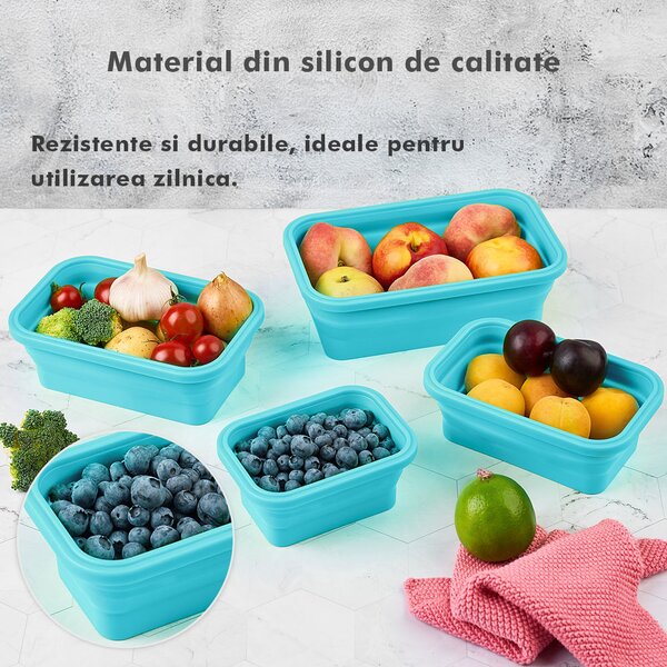 Set 4 caserole pliabile extensibile dreptunghiulare onuvio® din silicon alimentar cu capac - 350 ml, 500 ml, 800 ml, 1200 ml, rezistente de la -40 la 200°c, pentru păstrat, Încălzit și transpor