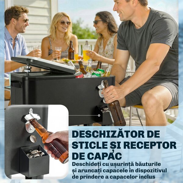 Outsunny Cărucior Frigider 76L cu raft, Deschizător de sticle și Colector de capace, din Plastic și Oțel, 91x39x84.5 cm, Negru | Aosom Romania