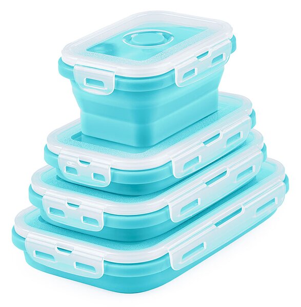 Set 4 caserole pliabile extensibile dreptunghiulare onuvio® din silicon alimentar cu capac - 350 ml, 500 ml, 800 ml, 1200 ml, rezistente de la -40 la 200°c, pentru păstrat, Încălzit și transpor