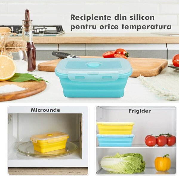 Set 4 caserole pliabile extensibile dreptunghiulare onuvio® din silicon alimentar cu capac - 350 ml, 500 ml, 800 ml, 1200 ml, rezistente de la -40 la 200°c, pentru păstrat, Încălzit și transpor