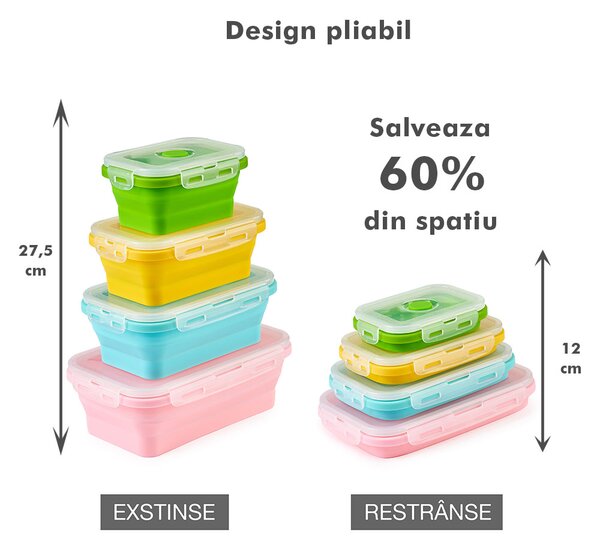 Set 4 caserole pliabile extensibile dreptunghiulare onuvio® din silicon alimentar cu capac - 350 ml, 500 ml, 800 ml, 1200 ml, rezistente de la -40 la 200°c, pentru păstrat, Încălzit și transpor