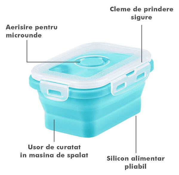 Set 4 caserole pliabile extensibile dreptunghiulare onuvio® din silicon alimentar cu capac - 350 ml, 500 ml, 800 ml, 1200 ml, rezistente de la -40 la 200°c, pentru păstrat, Încălzit și transpor