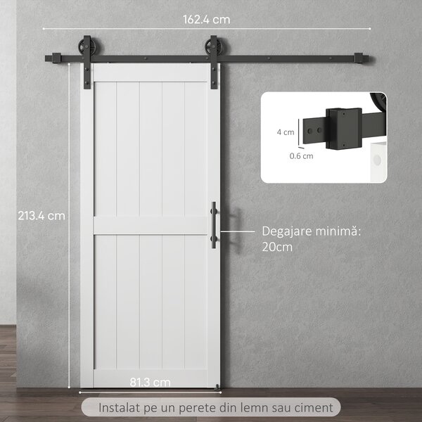 HOMCOM Ușă Glisantă de Interior 81.3x213.4cm, Șină din Oțel, Mâner Îmbunătățit, Role, Ușă de Interior în Stil Industrial, din MDF și Lemn de Pin, Impermeabilă, pentru Bucătărie, Baie, Living | Aosom Romania