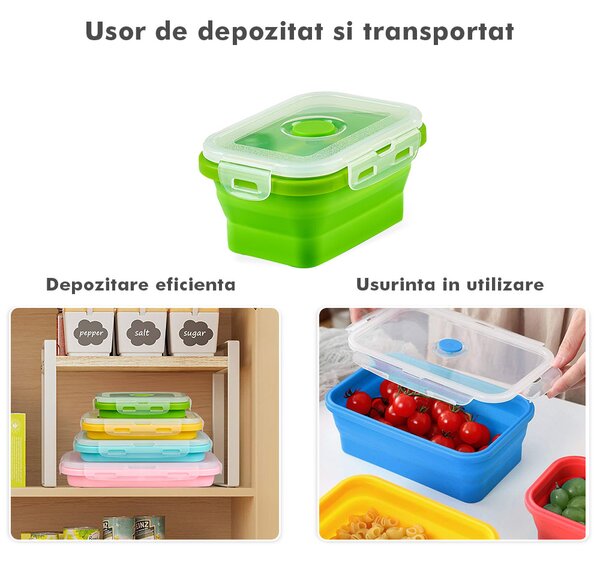 Set 4 caserole pliabile extensibile dreptunghiulare onuvio® din silicon alimentar cu capac - 350 ml, 500 ml, 800 ml, 1200 ml, rezistente de la -40 la 200°c, pentru păstrat, Încălzit și transpor