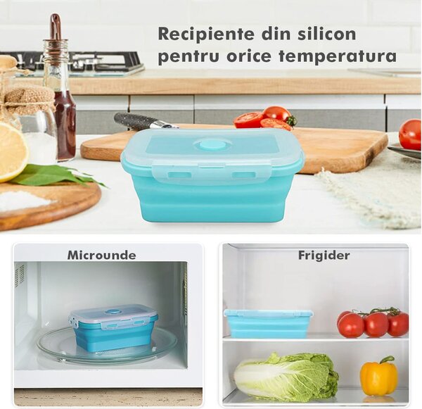 Set 4 caserole pliabile extensibile dreptunghiulare onuvio® din silicon alimentar cu capac - 350 ml, 500 ml, 800 ml, 1200 ml, rezistente de la -40 la 200°c, pentru păstrat, Încălzit și transpor