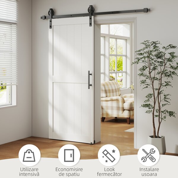 HOMCOM Ușă Glisantă de Interior 81.3x213.4cm, Șină din Oțel, Mâner Îmbunătățit, Role, Ușă de Interior în Stil Industrial, din MDF și Lemn de Pin, Impermeabilă, pentru Bucătărie, Baie, Living | Aosom Romania