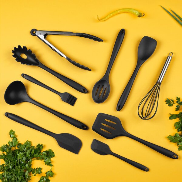 Set ustensile bucatarie 11 piese onuvio®, luxury silicon alimentar, suport blat, antiaderente, termorezistente, certificate institutul bioresurse alimentare - negru