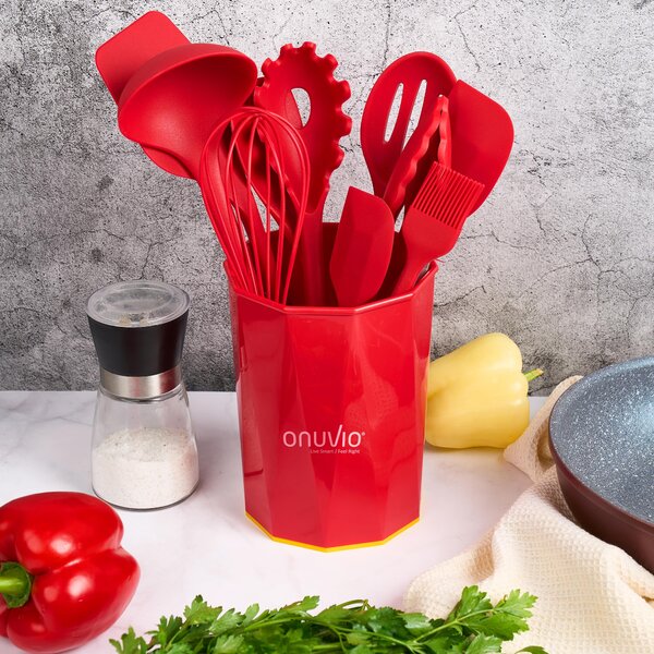 Set ustensile bucatarie 11 piese onuvio®, luxury silicon alimentar, suport blat, antiaderente, termorezistente, certificate institutul bioresurse alimentare - rosu
