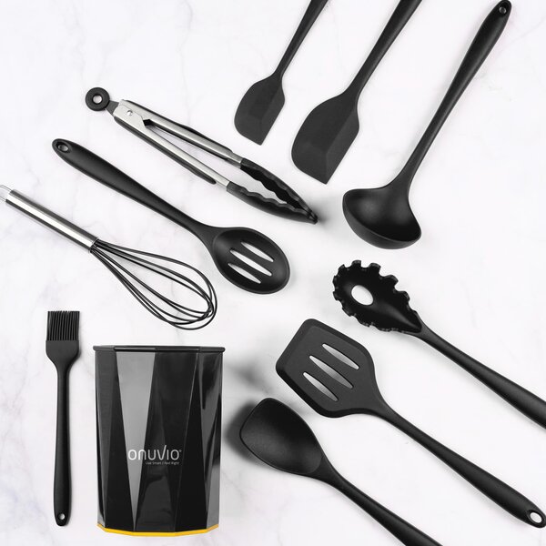 Set ustensile bucatarie 11 piese onuvio®, luxury silicon alimentar, suport blat, antiaderente, termorezistente, certificate institutul bioresurse alimentare - negru