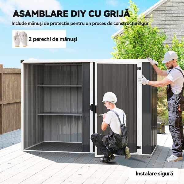 Outsunny Șopron de Grădină din Oțel Galvanizat, Ușă Blocabilă, 231 x 125 x 162 cm, Gri Închis | Aosom Romania