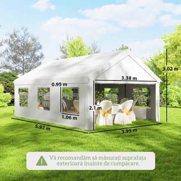 Outsunny Pavilion de Grădină 4x6 m cu Pereți Laterali, 6 Ferestre și Dublă Intrare, din Oțel Galvanizat, Alb | Aosom Romania