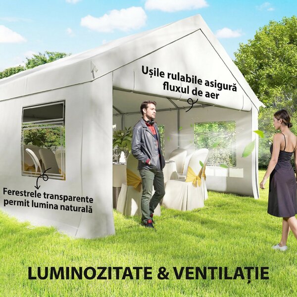 Outsunny Pavilion de Grădină 4x6 m cu Pereți Laterali, 6 Ferestre și Dublă Intrare, din Oțel Galvanizat, Alb | Aosom Romania