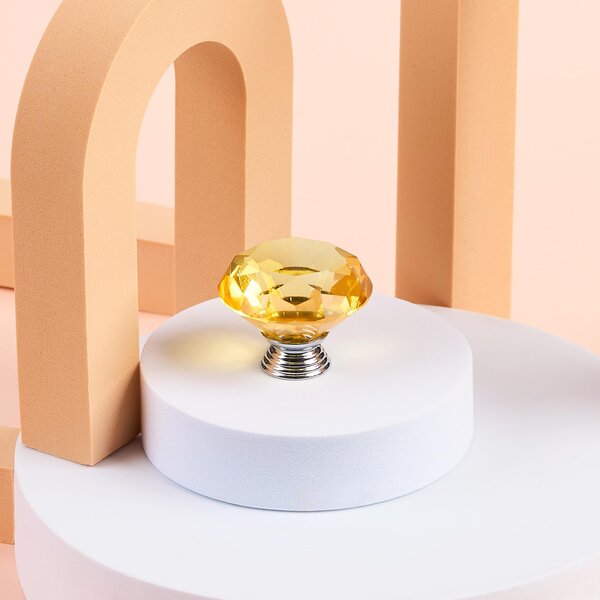 Buton maner mobilier onuvio™, forma diamant, diamond cut luxury, cristal k9, diametru 40mm, baza aliaj zinc aluminiu - galben
