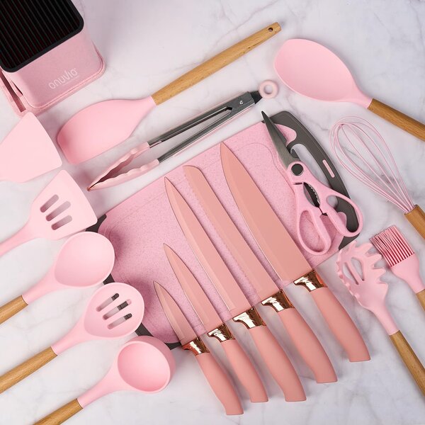 Set ustensile bucatarie 19 piese lemn si silicon alimentar, cutite, tocator, termorezistente, antiaderente, suport blat, onuvio™ fiona - roz