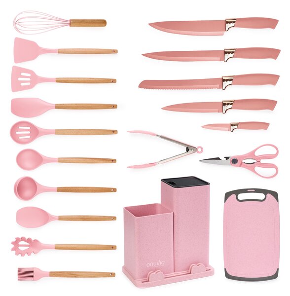Set ustensile bucatarie 19 piese lemn si silicon alimentar, cutite, tocator, termorezistente, antiaderente, suport blat, onuvio™ fiona - roz