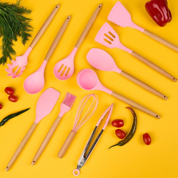 Set ustensile bucatarie 19 piese lemn si silicon alimentar, cutite, tocator, termorezistente, antiaderente, suport blat, onuvio™ fiona - roz