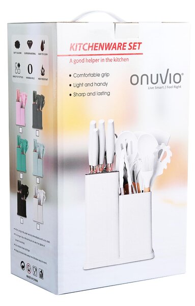 Set ustensile bucatarie 19 piese lemn si silicon alimentar, cutite, tocator, termorezistente, antiaderente, suport blat, onuvio™ fiona - gri