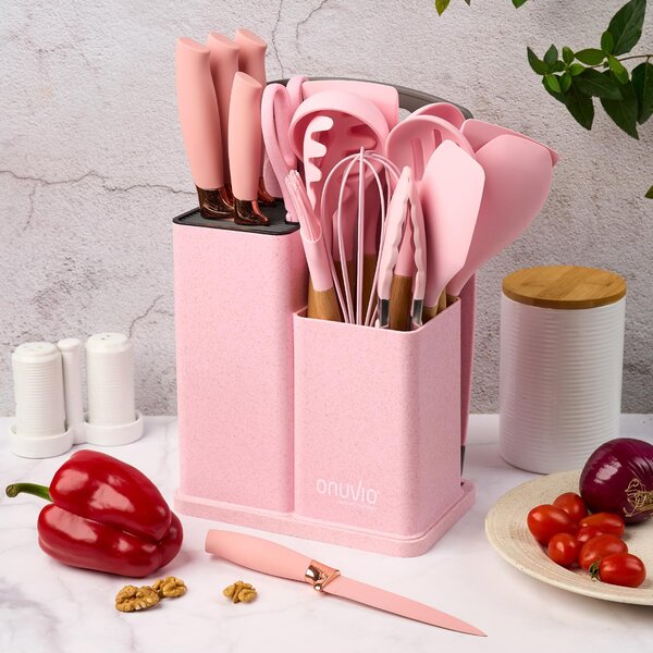 Set ustensile bucatarie 19 piese lemn si silicon alimentar, cutite, tocator, termorezistente, antiaderente, suport blat, onuvio™ fiona - roz