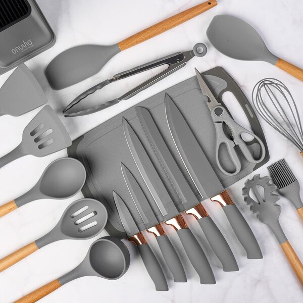 Set ustensile bucatarie 19 piese lemn si silicon alimentar, cutite, tocator, termorezistente, antiaderente, suport blat, onuvio™ fiona - gri