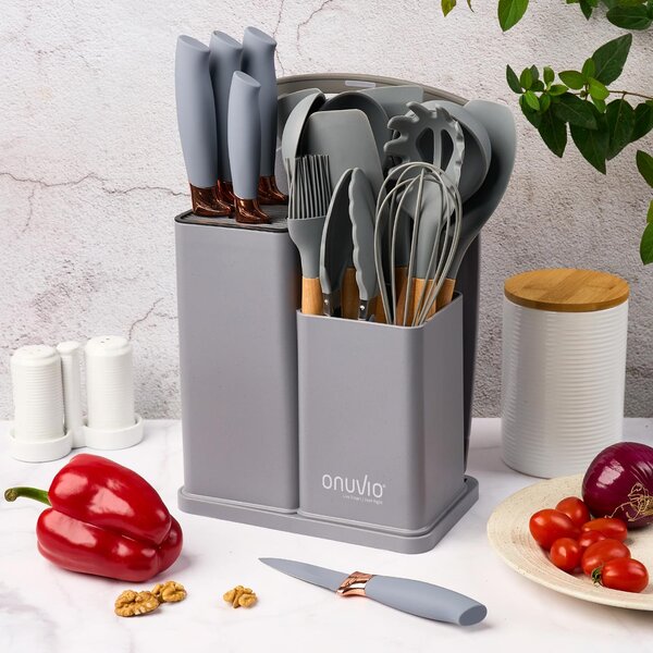 Set ustensile bucatarie 19 piese lemn si silicon alimentar, cutite, tocator, termorezistente, antiaderente, suport blat, onuvio™ fiona - gri