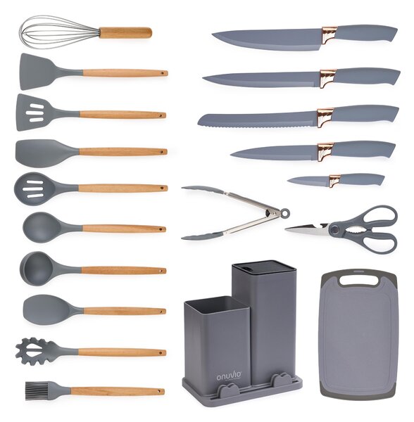 Set ustensile bucatarie 19 piese lemn si silicon alimentar, cutite, tocator, termorezistente, antiaderente, suport blat, onuvio™ fiona - gri
