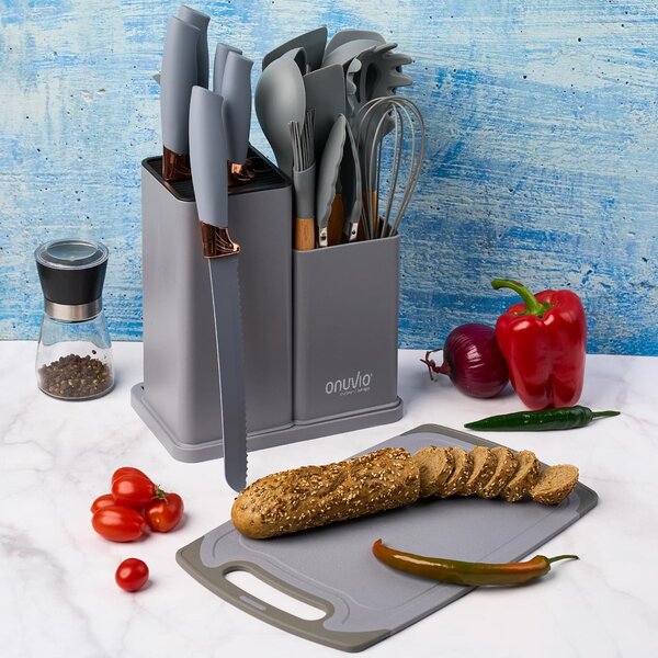 Set ustensile bucatarie 19 piese lemn si silicon alimentar, cutite, tocator, termorezistente, antiaderente, suport blat, onuvio™ fiona - gri