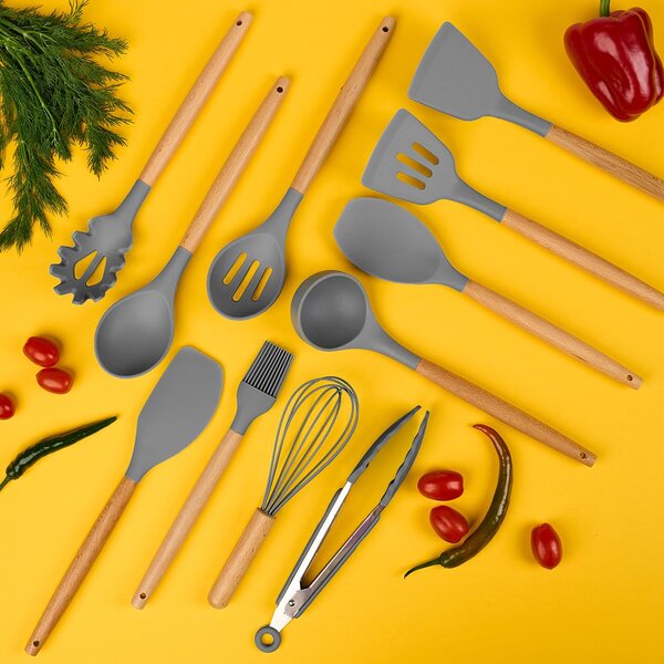 Set ustensile bucatarie 19 piese lemn si silicon alimentar, cutite, tocator, termorezistente, antiaderente, suport blat, onuvio™ fiona - gri