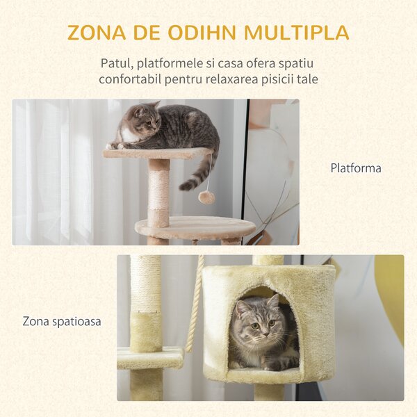 Ansamblu de joaca pentru pisici din MDF acoperit de pluș, stalpi de ascutit unghii si căsuță 75x40x112cm bej PawHut | Aosom Romania