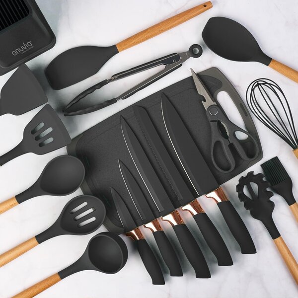 Set ustensile bucatarie 19 piese lemn si silicon alimentar, cutite, tocator, termorezistente, antiaderente, suport blat, onuvio™ fiona - negru