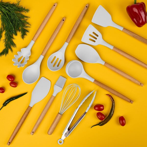 Set ustensile bucatarie 19 piese lemn si silicon alimentar, cutite, tocator, termorezistente, antiaderente, suport blat, onuvio™ fiona - alb