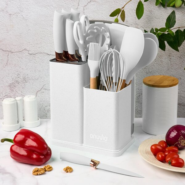 Set ustensile bucatarie 19 piese lemn si silicon alimentar, cutite, tocator, termorezistente, antiaderente, suport blat, onuvio™ fiona - alb