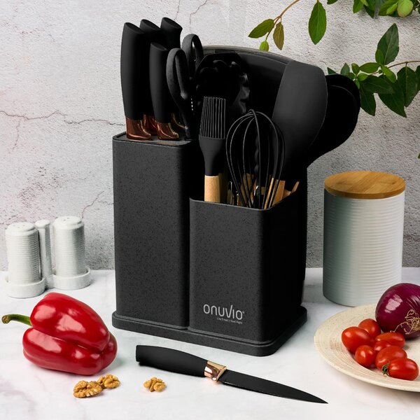Set ustensile bucatarie 19 piese lemn si silicon alimentar, cutite, tocator, termorezistente, antiaderente, suport blat, onuvio™ fiona - negru