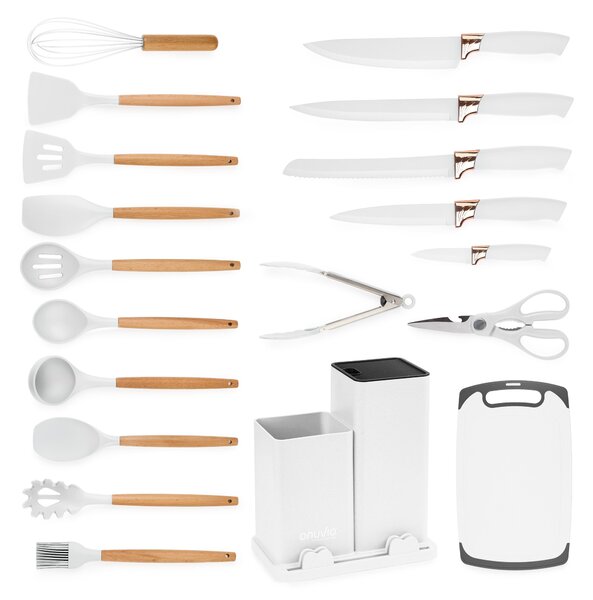 Set ustensile bucatarie 19 piese lemn si silicon alimentar, cutite, tocator, termorezistente, antiaderente, suport blat, onuvio™ fiona - alb