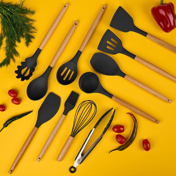 Set ustensile bucatarie 19 piese lemn si silicon alimentar, cutite, tocator, termorezistente, antiaderente, suport blat, onuvio™ fiona - negru