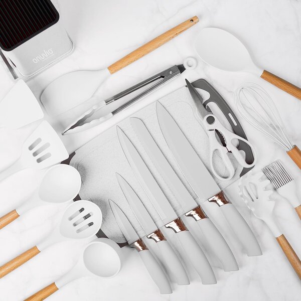 Set ustensile bucatarie 19 piese lemn si silicon alimentar, cutite, tocator, termorezistente, antiaderente, suport blat, onuvio™ fiona - alb