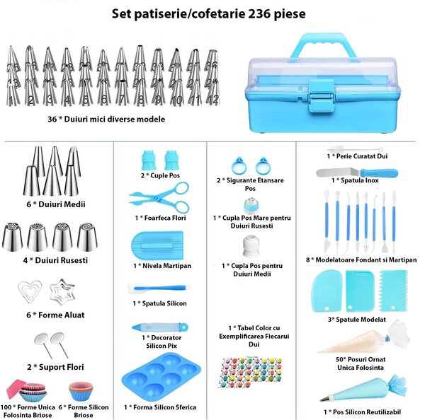 Set cofetarie/patiserie 236 piese pentru ornat prajituri sautorturi cu geanta transport, onuvio®