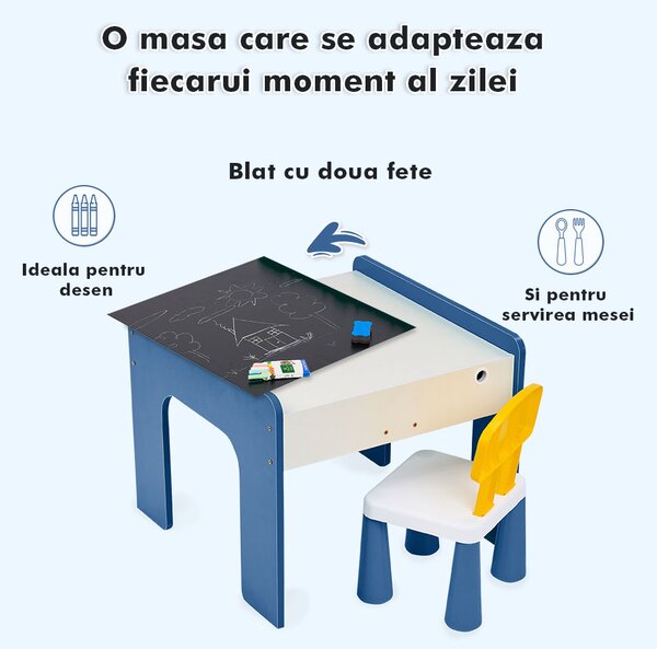 Măsuță multifuncțională pentru copii, folosita la activitati creative, construit modular cu blocuri, depozitare, desenat, colorat, din lemn mdf, scaun inclus, 57x57x45, 3-6 ani, onuvio® - albas