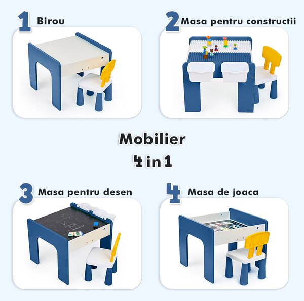 Măsuță multifuncțională pentru copii, folosita la activitati creative, construit modular cu blocuri, depozitare, desenat, colorat, din lemn mdf, scaun inclus, 57x57x45, 3-6 ani, onuvio® - albas