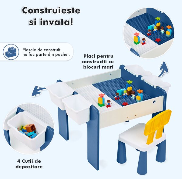 Măsuță multifuncțională pentru copii, folosita la activitati creative, construit modular cu blocuri, depozitare, desenat, colorat, din lemn mdf, scaun inclus, 57x57x45, 3-6 ani, onuvio® - albas